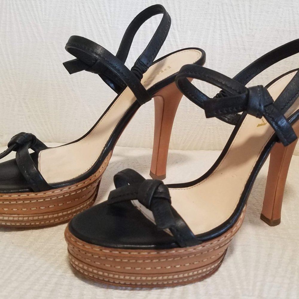 Prada Vintage 2009 Black Leather Whipstich High Heel Platform Sandals Sz 39.5/ 9 - Picture 4 of 8
